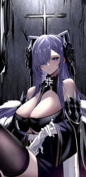 Rule 34 | 1girl, absurdres, august von parseval (azur lane), azarashi (azrsot), azur lane, bare shoulders, black horns, black thighhighs, breasts, chair, cleavage, detached sleeves, dragon girl, dragon horns, gloves, hair over one eye, highres, horns, large breasts, one eye covered, purple eyes, purple hair, solo, thighhighs, thighs, white gloves