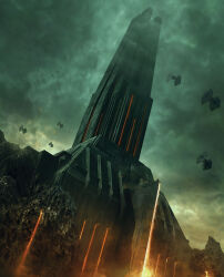 Rule 34 | architecture, black cape, building, cape, castle, cloud, cloudy sky, commentary, darth vader, energy sword, english commentary, flying, highres, landscape, lightsaber, marcsimonetti, lava, obsidian rock, red lightsaber, scenery, science fiction, sky, spacecraft, standing, standing on one leg, star wars, sword, tie fighter, weapon