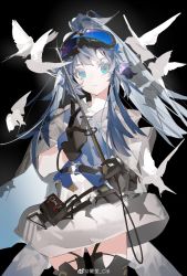 Rule 34 | 1girl, absurdres, arknights, astgenne (arknights), black background, black gloves, black thighhighs, blue-tinted eyewear, blue eyes, blue hair, blue vest, cowboy shot, dress, glint, gloves, goggles, goggles on head, highres, holding, holding wand, li sheng citl, long hair, looking at viewer, ponytail, simple background, solo, thighhighs, tinted eyewear, vest, wand, weibo logo, weibo watermark, white dress