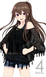Rule 34 | 1girl, :d, armpits, black shirt, blush, brown hair, clenched hands, collarbone, couzone, denim, denim shorts, hands on own hips, highres, long hair, looking at viewer, open mouth, original, ponytail, purple eyes, scrunchie, see-through, shirt, short shorts, shorts, sidelocks, simple background, sleeveless, sleeveless shirt, smile, solo, standing, tank top, teeth, white background