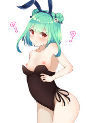 Rule 34 | 1girl, breasts, breasts out, flat chest, green eyes, highres, hololive, leotard, nipples, open mouth, playboy bunny, rabbit ears, red eyes, small breasts, solo, tg wlf, uruha rushia, virtual youtuber, white background