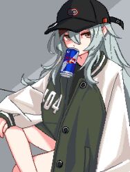 Rule 34 | 1girl, baseball cap, black hat, can, figure four sitting, g11 (girls&#039; frontline), girls&#039; frontline, green jacket, grey background, grey hair, hat, jacket, long hair, long sleeves, messy hair, mouth hold, pixel art, red bull, simple background, sitting, solo, yiricannon
