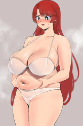Rule 34 | 1girl, belly, belly grab, black eyes, blush, bra, breasts, character request, copyright request, hands on own stomach, highres, large breasts, long hair, navel, panties, plump, red hair, simple background, solo, steam, steaming body, underwear, yotamono