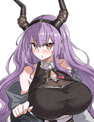 Rule 34 | 1girl, :o, absurdres, arknights, bare shoulders, black hairband, black horns, black shirt, blush, breasts, cleavage cutout, clothing cutout, collarbone, fake horns, hair between eyes, hairband, highres, horns, huge breasts, jacket, long hair, long sleeves, looking at viewer, maiq06, open clothes, open jacket, open mouth, purple hair, red eyes, shirt, sidelocks, simple background, sleeveless, sleeveless shirt, solo, straight hair, teeth, typhon (arknights), upper body, white background, white jacket