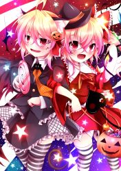 Rule 34 | 2girls, :d, animal ears, arm hug, bad id, bad pixiv id, blonde hair, candy, cape, cat ears, cat tail, fang, fangs, flandre scarlet, food, hair ribbon, halloween, highres, holding, kemonomimi mode, kuroyume (dark495), laevatein, lollipop, long hair, looking at viewer, multiple girls, open mouth, red eyes, ribbon, rumia, short hair, smile, striped clothes, striped legwear, striped thighhighs, tail, thighhighs, touhou, wings, zettai ryouiki