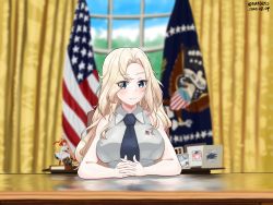 Rule 34 | 1girl, absurdres, american flag, artist request, atlanta (kancolle), bad id, bad pixiv id, bird, black necktie, blonde hair, blue eyes, blue hair, brown hair, crossed fingers, dixie cup hat, double bun, eagle, hair bun, hat, highres, hornet (kancolle), kantai collection, military hat, necktie, office, oval office, ponytail, samuel b. roberts (kancolle), saratoga (kancolle), shirt, short hair, side ponytail, sitting, sleeveless, sleeveless shirt, solo, white house, window