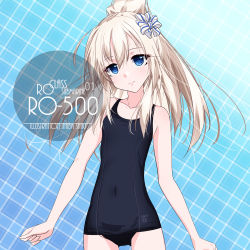 Rule 34 | 1girl, alternate hairstyle, artist name, black one-piece swimsuit, blonde hair, blue background, blue eyes, blush, character name, collarbone, cowboy shot, cross, eyes visible through hair, flat chest, gluteal fold, hair between eyes, hair ribbon, inaba shiki, iron cross, kantai collection, logo, long hair, looking at viewer, old school swimsuit, one-piece swimsuit, plaid, plaid background, ponytail, ribbon, school swimsuit, smile, solo, standing, swimsuit, u-511 (kancolle)