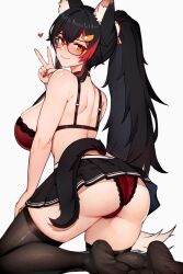 Rule 34 | 1girl, animal ear fluff, animal ears, ass, black hair, blush, bra, breasts, glasses, hair between eyes, highres, hololive, lace, lace-trimmed bra, lace-trimmed panties, lace trim, large breasts, lingerie, long hair, looking at viewer, multicolored hair, nail polish, ookami mio, panties, red bra, red hair, red panties, skirt, smile, solo, streaked hair, tail, thighhighs, underwear, variant set, varniskarnis, virtual youtuber, wolf ears, wolf girl, wolf tail, yellow eyes