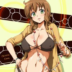 Rule 34 | 00s, 1girl, belt, bikini, bikini top only, bracelet, breasts, brown hair, character name, christina sierra, cleavage, coat, covered erect nipples, green eyes, gundam, gundam 00, hand on own hip, jewelry, large breasts, long hair, looking at viewer, navel, necklace, runaru, smile, solo, swimsuit, tooth necklace, wavy hair