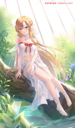 Rule 34 | 1girl, arm strap, artist name, asuna (sao), asymmetrical bangs, backlighting, bare arms, bare shoulders, barefoot, blonde hair, blue flower, blush, breasts, brown hair, cleavage, collarbone, flower, full body, halterneck, highres, hydrangea, long hair, looking at viewer, medium breasts, navel, official alternate costume, parted lips, plant, pointy ears, purple flower, revealing clothes, revision, sebu illust, signature, sitting, skirt, skirt set, solo, stomach, sword art online, titania (sao), toes, tree, very long hair, water, white skirt, yellow eyes