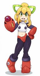 Rule 34 | 1girl, absurdres, adapted costume, angeliccmadness, angry, black leggings, blonde hair, blush stickers, boots, cannon, child, full body, green eyes, hair ribbon, hand on own hip, highres, leggings, long hair, looking at viewer, mega man (classic), mega man (series), midriff, navel, open mouth, ponytail, red footwear, ribbon, roll (mega man), simple background, solo, standing, teeth, tongue, upper teeth only, white background