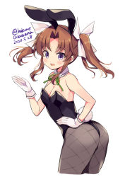 Rule 34 | 1girl, animal ears, black leotard, black pantyhose, brown hair, cropped legs, dated, detached collar, fake animal ears, gloves, green ribbon, hair ribbon, kagerou (kancolle), kagerou kai ni (kancolle), kantai collection, leotard, long hair, neck ribbon, odawara hakone, one-hour drawing challenge, open mouth, pantyhose, playboy bunny, purple eyes, rabbit ears, rabbit tail, ribbon, simple background, smile, solo, tail, twintails, twitter username, white background, white gloves, white ribbon