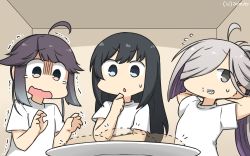 Rule 34 | 3girls, ahoge, alternate costume, asashimo (kancolle), asashio (kancolle), black hair, blue eyes, commentary request, dated, dotted line, food, food on face, grey eyes, grey hair, hair over one eye, hair ribbon, hamu koutarou, hayanami (kancolle), highres, kantai collection, long hair, multiple girls, one-hour drawing challenge, plate, ponytail, ribbon, sharp teeth, shirt, short hair, sidelocks, t-shirt, teeth, upper body, white ribbon, white shirt