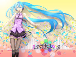 Rule 34 | 00s, 1girl, blue eyes, blue hair, electric love (vocaloid), fishnet thighhighs, fishnets, hatsune miku, headset, long hair, matching hair/eyes, necktie, shiro (nitto), skirt, solo, thighhighs, twintails, very long hair, vocaloid