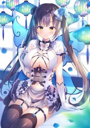 Rule 34 | 1girl, black panties, blurry, bow, breasts, brown thighhighs, cleavage, clothing cutout, double bun, dress, flower, garter straps, gloves, hair bow, hair bun, hair flower, hair ornament, hand up, highres, lantern, large breasts, long hair, looking at viewer, nanohana kohina, navel, navel cutout, original, panties, paper lantern, purple hair, see-through, short sleeves, side cutout, sitting, smile, solo, thighhighs, twintails, underwear, very long hair, white dress, white gloves, yellow eyes