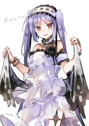 Rule 34 | 1girl, :d, armband, bad id, bad tumblr id, bare shoulders, black flower, black rose, blonde hair, blush, bracelet, dress, fate/grand order, fate (series), flower, hairband, jewelry, long hair, looking at viewer, open mouth, purple eyes, rose, simple background, skirt hold, smile, solo, standing, stheno (fate), twintails, very long hair, white background, white dress