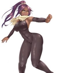 Rule 34 | 1girl, absurdres, bare shoulders, bleach, bodysuit, breasts, clenched hand, covered erect nipples, dark-skinned female, dark skin, detached sleeves, female focus, high ponytail, highres, large breasts, long legs, looking at viewer, midriff, mogera81, open mouth, outstretched arms, purple hair, scarf, shihouin yoruichi, shiny clothes, skin tight, smile, solo, standing, thick thighs, thighs, toned, white background, wide hips, yellow eyes