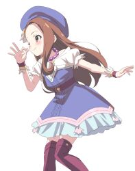 Rule 34 | 1girl, belt, blue dress, blue hat, blue skirt, blush, brown eyes, brown hair, closed mouth, dress, hat, highres, idolmaster, idolmaster (classic), jewelry, leaning forward, long hair, minase iori, necklace, ok sign, one eye closed, puffy short sleeves, puffy sleeves, red thighhighs, short sleeves, simple background, sincos, skirt, smile, solo, thighhighs, white background, wristband