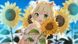 Rule 34 | 1girl, :d, alpaca ears, animal ears, bare shoulders, blonde hair, blue sky, blurry, blurry background, blush, breasts, cheli (kso1564), cloud, cloudy sky, collarbone, commentary request, day, depth of field, dress, flower, frilled dress, frills, green eyes, highres, looking at viewer, hugging object, off-shoulder dress, off shoulder, official art, open mouth, original, outdoors, sky, small breasts, smile, solo, sunflower, upper body, white dress, yellow flower