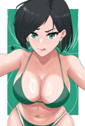 Rule 34 | 1girl, absurdres, alternate breast size, animification, bikini, black hair, border, breasts, collarbone, commentary, english commentary, green background, green bikini, green eyes, hair behind ear, highres, itsmealvi, large breasts, leaning forward, licking lips, looking at viewer, navel, outside border, short hair, smile, solo, swimsuit, tongue, tongue out, v-shaped eyebrows, valorant, viper (valorant), white border