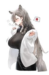 Rule 34 | 1girl, animal ears, arknights, black skirt, black sweater, blush, braid, breasts, closed mouth, commentary, extra ears, from side, grey hair, hands up, highres, horn/wood, huge breasts, jacket, long hair, looking to the side, mole, mole above eye, penance (arknights), penance (occasionally flushed) (arknights), pencil skirt, ribbed sweater, simple background, single braid, skirt, solo, spoken emoji, sweater, upper body, white background, white jacket, wolf ears, wolf girl, yellow eyes