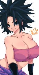 Rule 34 | 1girl, black hair, blue eyes, breasts, cleavage, dragon ball, dragon ball (classic), highres, kinakomochi (user vedc2333), large breasts, looking at viewer, medium hair, signature, smile, solo, spiked hair, white background