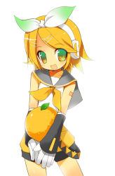 Rule 34 | 1girl, :d, fang, food, fruit, headphones, holding, holding food, holding fruit, kagamine rin, kamiyoshi rika, number tattoo, open mouth, orange (fruit), orange theme, sailor collar, shoulder tattoo, smile, solo, tattoo, twintails, vocaloid