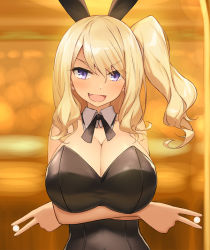 Rule 34 | 1girl, :d, animal ears, bad id, bad pixiv id, bare shoulders, between fingers, black leotard, blonde hair, blurry, blurry background, blush, breasts, cccpo, cleavage, collar, collarbone, commentary request, crossed arms, depth of field, fake animal ears, fang, fingernails, hair between eyes, head tilt, holding, large breasts, leotard, long hair, looking at viewer, one side up, open mouth, original, playboy bunny, purple eyes, rabbit ears, sidelocks, smile, solo, strapless, strapless leotard, upper body, v-shaped eyebrows, white collar, wing collar