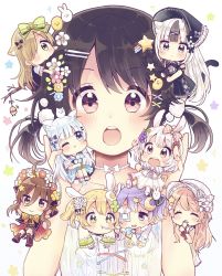 Rule 34 | 6+girls, :o, animal ears, black bow, black hair, black hat, blonde hair, blue flower, blue skirt, blush, bonnet, bow, braid, brown eyes, brown hair, candy, cat ears, cat girl, cat tail, chibi, collarbone, crescent, crescent hair ornament, dress, eyepatch, flower, food, green bow, green eyes, hair between eyes, hair bow, hair flower, hair ornament, hair over one eye, hairclip, hat, highres, holding, holding candy, holding food, holding lollipop, light brown hair, lollipop, long hair, long sleeves, low twintails, medical eyepatch, multicolored hair, multiple girls, open mouth, original, pink flower, pleated skirt, purple eyes, purple hair, rabbit ears, rabbit hair ornament, red dress, red eyes, red flower, round teeth, sakura oriko, shirt, shooting star hair ornament, short sleeves, silver hair, skirt, sparkle, star (symbol), star hair ornament, streaked hair, swirl lollipop, tail, tail raised, teeth, twintails, upper teeth only, very long hair, white background, white dress, white flower, white hat, white shirt, x hair ornament, yellow flower
