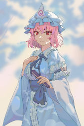 Rule 34 | 1girl, absurdres, blue headwear, blue kimono, blue ribbon, blue sash, breasts, closed mouth, cloud, cloudy sky, commentary request, cowboy shot, floral print, folded fan, folding fan, frilled kimono, frills, hand fan, hand on own chest, happy, hat, highres, hitodama print, holding, holding fan, japanese clothes, juliet sleeves, kimono, long sleeves, looking at viewer, medium breasts, mob cap, neck ribbon, outdoors, pink hair, puffy sleeves, red eyes, ribbon, saigyouji yuyuko, sash, short hair, sky, smile, touhou, triangular headpiece, wavy hair, wide sleeves, youpofen