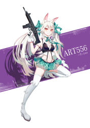 Rule 34 | &gt;:), 1girl, absurdres, ahoge, animal ear fluff, animal ears, art556 (girls&#039; frontline), bad id, bad pixiv id, bare shoulders, blush, boots, bow, brazil, breasts, character name, cleavage, closed mouth, commentary request, crop top, girls&#039; frontline, gloves, green bow, green skirt, gun, hair between eyes, hair bow, highres, holding, holding gun, holding weapon, long hair, mo xiaoxue, name connection, navel, object namesake, pleated skirt, red eyes, shadow, silver hair, skirt, sleeveless, small breasts, smile, solo, standing, standing on one leg, taurus art556, thigh boots, thighhighs, twintails, v-shaped eyebrows, very long hair, weapon, white footwear, white gloves, white thighhighs