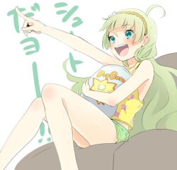 Rule 34 | 1girl, ahoge, aqua eyes, bag, bare legs, bare shoulders, brown hairband, couch, eyelashes, feet out of frame, floral print, flower, food, green hair, green shorts, hair flower, hair ornament, hairband, holding, holding bag, holding food, idolmaster, idolmaster million live!, light blush, long hair, looking ahead, midriff peek, one-hour drawing challenge, open mouth, outstretched arm, pointing, pointing forward, popcorn, shimabara elena, shorts, sitting, smile, solo, tank top, teeth, thighs, upper teeth only, very long hair, watching television, white background, white flower, witoi (roa), yellow tank top