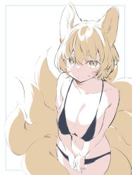 Rule 34 | 1girl, akagashi hagane, alternate costume, animal ears, backlighting, bare arms, bare shoulders, bikini, black bikini, blonde hair, blush, breasts, cleavage, closed mouth, collarbone, cowboy shot, embarrassed, fox ears, fox girl, fox tail, from above, hair between eyes, kitsune, kyuubi, large breasts, looking at viewer, looking up, multiple tails, navel, no headwear, nose blush, outside border, own hands together, short hair, shy, simple background, solo, stomach, sweat, swimsuit, tail, touhou, unfinished, v arms, wavy hair, white background, yakumo ran, yellow eyes, yellow tail