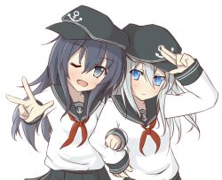 Rule 34 | 2girls, ;d, akatsuki (kancolle), anchor symbol, arm up, black hat, black skirt, blue eyes, blush, closed mouth, commentary request, flat cap, grey eyes, hair between eyes, hat, hibiki (kancolle), kantai collection, light smile, locked arms, long hair, long sleeves, multiple girls, nanase-san (honey be), neckerchief, one eye closed, open mouth, outstretched arm, pleated skirt, purple hair, red neckerchief, salute, school uniform, serafuku, shirt, sideways hat, silver hair, simple background, skirt, smile, v, white background, white shirt
