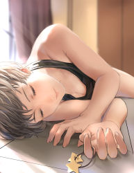 Rule 34 | 1girl, absurdres, bare shoulders, black tank top, blurry, blush, breasts, brown hair, cleavage, closed eyes, closed mouth, depth of field, foreshortening, freckles, girls und panzer, hair ornament, unworn hair ornament, highres, implied yuri, indoors, large breasts, lying, naomi (girls und panzer), on floor, on side, oshiri seijin, short hair, sleeping, solo, star (symbol), star hair ornament, tank top