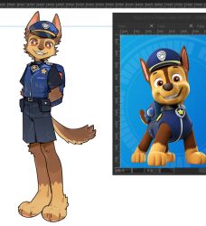 Rule 34 | 1boy, animal, arms behind back, art program in frame, body fur, brown eyes, brown fur, chase (paw patrol), chinese commentary, commentary request, dog, dog boy, full body, furrification, furry, furry male, german shepherd, grin, looking at viewer, male focus, paw patrol, police, police uniform, policeman, rakkasei l, shorts, smile, solo, tail, vest, white background