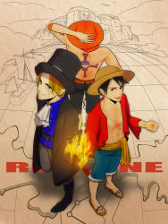Rule 34 | 3boys, belt, boots, brothers, coat, ascot, hat, highres, jolly roger, long sleeves, male focus, monkey d. luffy, multiple boys, one piece, open clothes, open shirt, pirate, portgas d. ace, sabo (one piece), sandals, sash, scar, shirt, topless male, shorts, siblings, straw hat, tattoo, time paradox, top hat