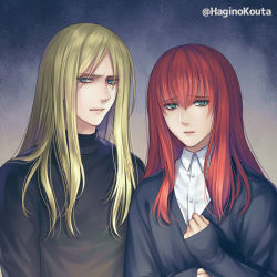 Rule 34 | 2boys, black jacket, black shirt, blonde hair, blue eyes, closed mouth, collared shirt, commission, dress shirt, green eyes, hagino kouta, hair between eyes, jacket, long hair, long sleeves, looking at viewer, male focus, multiple boys, original, parted bangs, parted lips, red hair, shirt, skeb commission, sleeves past wrists, solo, twitter username, upper body, white shirt