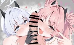 Rule 34 | 1boy, 2girls, absurdres, bar censor, black gloves, black horns, blue archive, blush, censored, closed mouth, collarbone, demon horns, double bun, erika (blue archive), fang, fingernails, gloves, grey eyes, grey hair, grey halo, hair bun, halo, heart, highres, horns, kirara (blue archive), large penis, long fingernails, long hair, looking at viewer, msrn39, multiple girls, nail polish, one eye closed, open mouth, penis, penis on face, pink eyes, pink hair, red halo, red nails, short hair, skin fang, smile, v