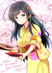Rule 34 | 1girl, absurdres, ahoge, birthday, black eyes, black hair, character name, cherry blossoms, closed mouth, commentary, dated, english text, floral print, food, furisode, girls und panzer, hair ornament, hairclip, happy birthday, highres, holding, holding plate, isuzu hana, japanese clothes, kimono, kumaisao, leaning forward, long hair, looking at viewer, obi, plate, print kimono, sash, sleeves rolled up, smile, solo, standing, tree, yellow kimono