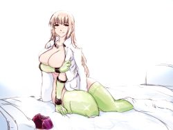 Rule 34 | 1girl, aftersex, bottomless, breasts, dandara (karakure), fate/grand order, fate (series), florence nightingale (fate), florence nightingale (trick or treatment) (fate), gloves, green gloves, green thighhighs, hair down, large breasts, long hair, looking at viewer, naked shirt, no bra, no panties, off shoulder, official alternate costume, open clothes, open shirt, pink hair, red eyes, shirt, smile, solo, thighhighs, white shirt