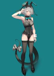 Rule 34 | 1girl, 360 (taiyo360), absurdres, animal ears, arknights, black footwear, black leotard, black thighhighs, blue background, blue bow, blue bowtie, blue eyes, bow, bowtie, breasts, cleavage cutout, clothing cutout, covered navel, fake animal ears, full body, grey hair, head wings, high heels, highres, ho&#039;olheyak (arknights), large breasts, leotard, playboy bunny, short hair, simple background, solo, standing, striped, striped bow, tail, tail bow, tail ornament, thighhighs, white wrist cuffs, wings, wrist cuffs