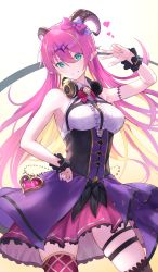 Rule 34 | 1girl, absurdres, aqua eyes, bare shoulders, black thighhighs, bow, breasts, demon horns, dress, gore (white gore), grin, hair between eyes, hair bow, hair ornament, hand on own hip, headphones, headphones around neck, heart, highres, hololive, horns, huge filesize, looking at viewer, mano aloe, nail polish, pink hair, pointy ears, sleeveless, sleeveless dress, smile, solo, thigh strap, thighhighs, virtual youtuber, white background