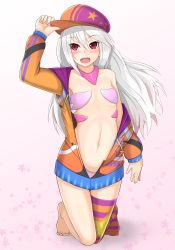 Rule 34 | 1girl, :d, alfort (may0508), ar nosurge, barefoot, blush, cabbie hat, casty rianoit, collarbone, flat chest, full body, gradient background, grey hair, hair between eyes, hand on headwear, hat, hood, hooded jacket, jacket, kneeling, long hair, long sleeves, navel, open clothes, open jacket, open mouth, red eyes, single thighhigh, smile, solo, striped clothes, striped thighhighs, surge concerto, thighhighs, tsurime