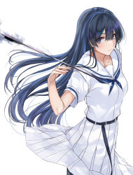 Rule 34 | 1girl, arrow (projectile), aura, blue hair, expressionless, floating, floating object, from side, highres, hirose sumire, long hair, long skirt, looking at viewer, looking to the side, md5 mismatch, mexif, pantyhose, pleated skirt, resolution mismatch, saki (manga), school uniform, serafuku, simple background, skirt, solo, source larger, very long hair, white background