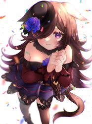 Rule 34 | 1girl, absurdres, animal ears, bare shoulders, black hat, black thighhighs, blue flower, blue rose, blush, breasts, brown hair, chitose (chi candy), confetti, dagger, dress, ears down, fascinator, flower, hair over one eye, hands up, hat, hat flower, highres, horse ears, horse girl, horse tail, knife, long hair, long sleeves, looking at viewer, off-shoulder dress, off shoulder, own hands together, parted lips, purple dress, purple eyes, rice shower (umamusume), rose, sheath, sheathed, short dress, small breasts, solo, tail, thighhighs, tilted headwear, umamusume, wavy mouth, weapon, white background