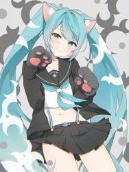 Rule 34 | 1girl, absurdres, animal ear fluff, animal ears, animal hands, aqua hair, aqua neckerchief, black jacket, black skirt, cat ears, chromatic aberration, closed mouth, cowboy shot, crop top, drawing kanon, fang, fang out, gloves, hatsune miku, highres, jacket, long hair, long sleeves, looking at viewer, midriff, miniskirt, navel, neckerchief, paw gloves, pleated skirt, sailor, shirt, skirt, solo, suspender skirt, suspenders, twintails, vocaloid, white shirt