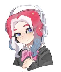 Rule 34 | 1boy, blue hair, bow, closed mouth, collar, commentary, commission, cropped torso, eyelashes, gradient hair, green eyes, headphones, highres, long hair, male focus, multicolored hair, nintendo, octoling, octoling boy, octoling player character, pink bow, purple eyes, red hair, redbeanpie0, simple background, smile, solo, splatoon (series), splatoon 3, tentacle hair, two-tone eyes, two-tone hair, upper body, white background, white collar