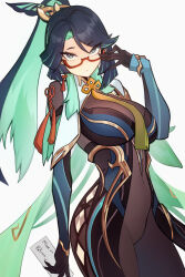 Rule 34 | 1girl, black dress, black gloves, blue hair, breasts, cloud retainer (genshin impact), colored inner hair, commentary, cowboy shot, distr, dress, english commentary, genshin impact, glasses, gloves, green hair, grey eyes, hand up, highres, holding, large breasts, long hair, looking at viewer, multicolored hair, red-framed eyewear, simple background, solo, standing, thighs, very long hair, white background, xianyun (genshin impact)