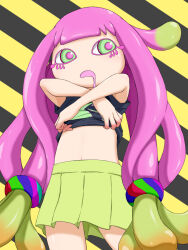Rule 34 | 1girl, clothes lift, colored eyelashes, drooling, eyelashes, female focus, gradient hair, green eyes, green hair, green skirt, hair tie, harmony (splatoon), highres, lifted by self, long hair, multicolored hair, navel, nintendo, open mouth, pink hair, pleated skirt, shirt, shirt lift, short sleeves, skirt, solo, splatoon (series), splatoon 3, standing, striped, striped background, t-shirt, tentacle hair, undressing, very long hair